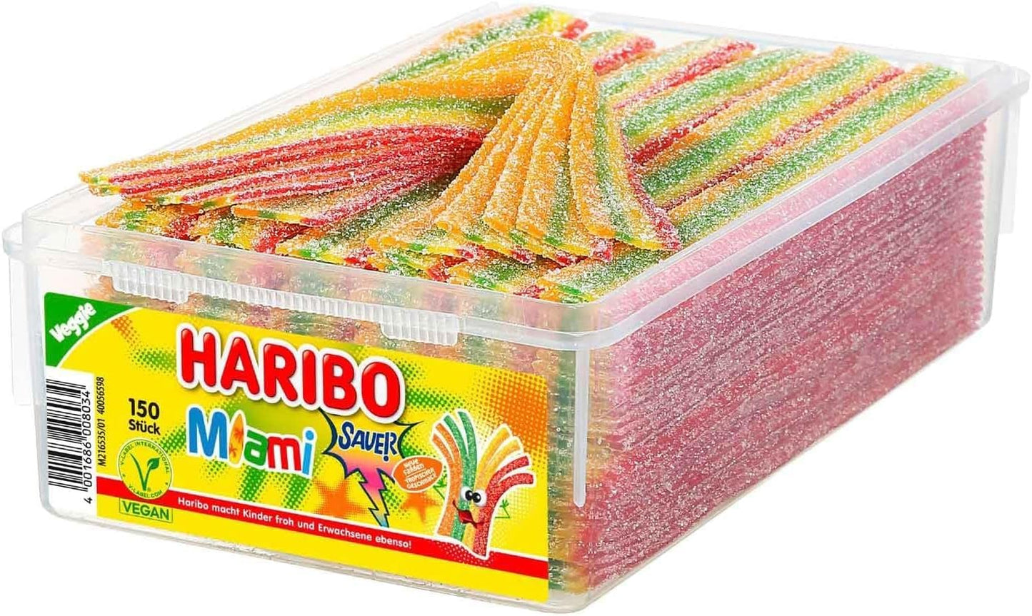Haribo Miami Sauer I 150 Mixed-Fruit flavored Sour Gummy Candy Strips I 1125g 39.6 ounce