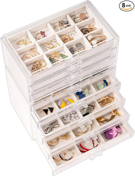 ProCase Earring Holder Organizer Jewelry Box with 8 Drawers, Acrylic Clear Earring Case with Adjustable Velvet Trays for Women - Warmwhite,8 Layers