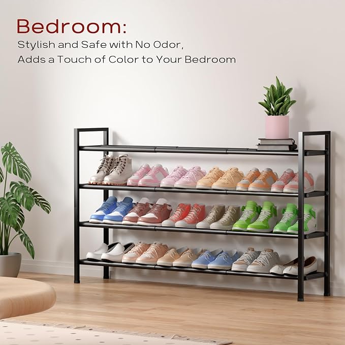 Bumusty 4-Tier Long Expandable Shoe Rack for Closet, 18"-44" Adjustable Shoe Rack for Entryway, 20-24 Pairs Large Shoe Organizer Shelf Storage, Sturdy Metal, Black