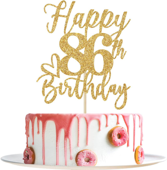 Happy 86th Birthday Cake Topper, 86th Birthday Decorations for Men/Women, Cheers to 86 Years, Hello 86, 86th Happy Birthday Party Supplies Gold Glitter