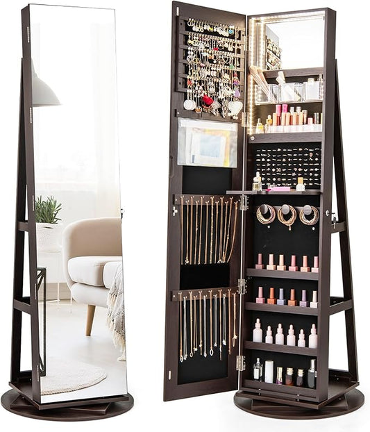 GOFLAME 360Â° Rotating Jewelry Cabinet with Full-Length Mirror, Freestanding Jewelry Armoire with 3-Color LED Light and Back Storage Shelf, Lockable Jewelry Organizer for Bedroom Cloakroom, Espresso
