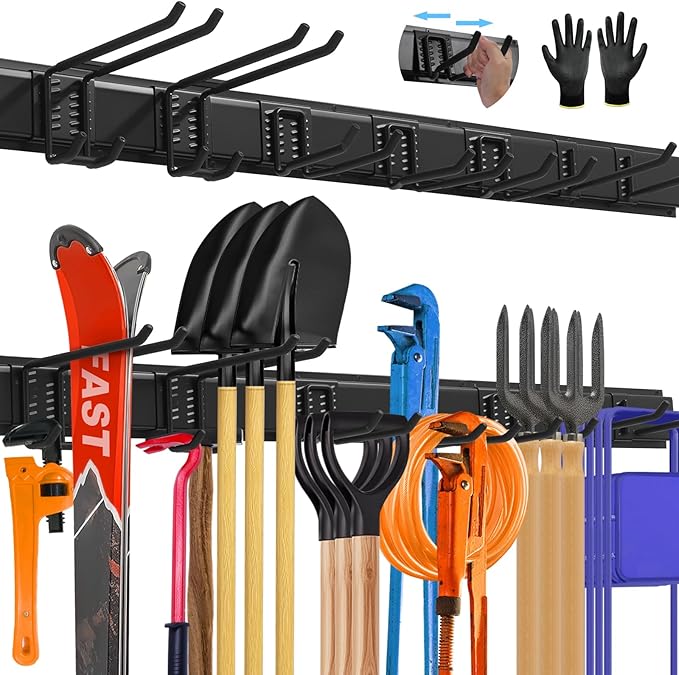 48'' All-Metal Garage Tool Organizer Wall Mount â Heavy-Duty Tool Rack Holds 450 lbs, Adjustable Hooks for Garage, Yard, and Garden Equipment