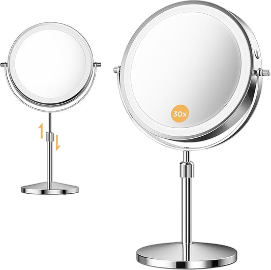 Makeup Mirror, 1X/30X Magnification with 3 Level LED Lights, 5000 mAh Rechargeable Double Sided 9â Magnifying Mirror with 360Â° Rotation, Perfect for Precision Grooming and Makeup, Women Gift