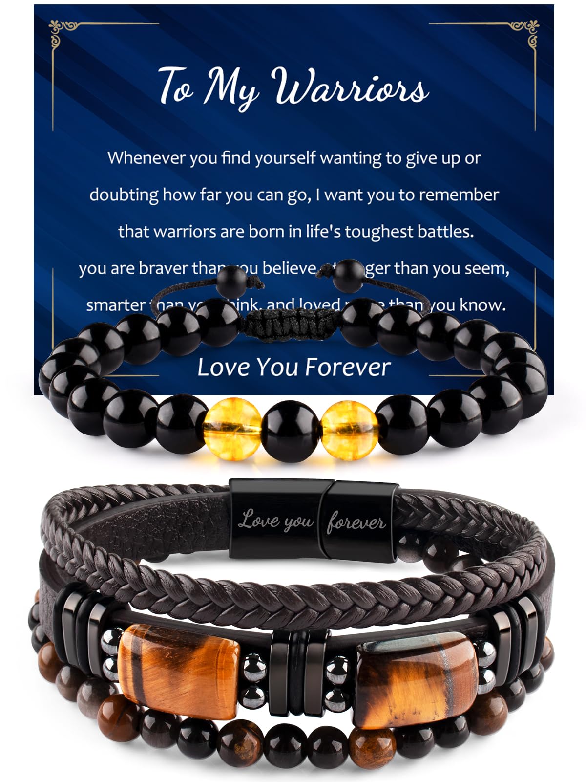 Leather Bracelets for Men Natural Tiger Eye Black Obsidian Healing Crystal Beaded Bracelets Set Birthday Christmas Commemorative Gifts for Dad Son Grandson Man Boyfriend Brother (Brown-To My Warriors)
