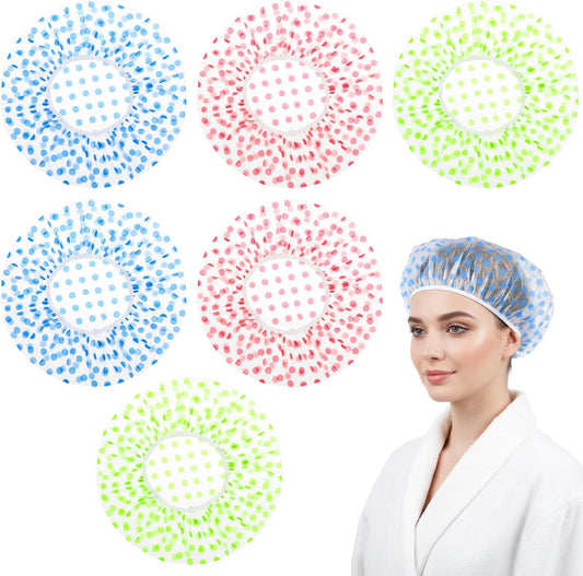 6PCS Shower Caps, Waterproof Reusable Plastic Shower Caps Elastic Band Flower Printed Hair Cap Bath Hair Hat for Women Ladies Spa Salon (Red+Green+Blue)