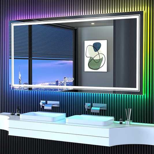 LED Mirror for Bathroom, 60"X36" with 8 RGB Backlit +3 Front Lit (Adjustable Individually), Anti-Fog, Large Lighted Bathroom Vanity Mirror for Wall,Shatterproof,Memory Function,Tempered Glass