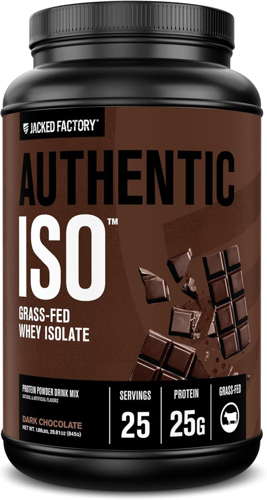 Jacked Factory Authentic ISO Whey Protein Isolate Powder - Low Carb, Non-GMO Muscle Building Protein w/No Fillers, Post Workout Recovery, Dark Chocolate - 25 Servings
