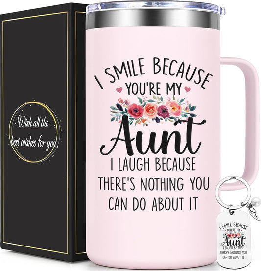 Lifecapido Aunt Gifts, I Smile Because You’re My Aunt 20oz Insulated Coffee Mug with Keychain, Birthday Christmas Mothers Day Gifts for Aunts, Rose Quartz