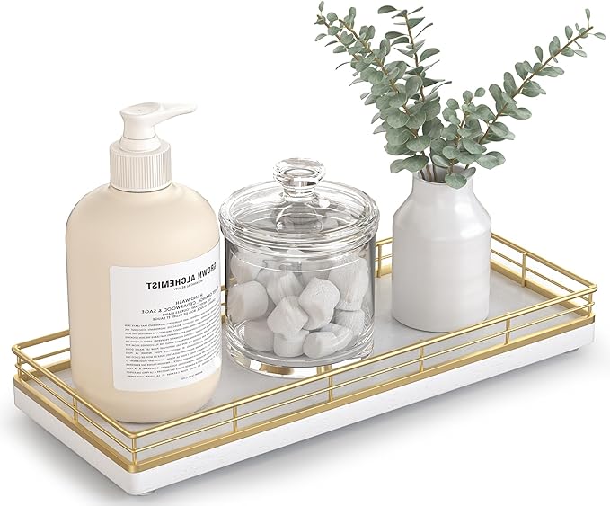 Bathroom Tray for Counter Top Organizer â Oak Wood Vanity Tray with Metal Frame for Dresser, Kitchen, Nightstand â Gold & White Decorative Storage