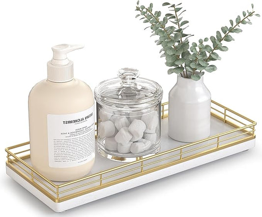 Bathroom Tray for Counter Top Organizer â Oak Wood Vanity Tray with Metal Frame for Dresser, Kitchen, Nightstand â Gold & White Decorative Storage