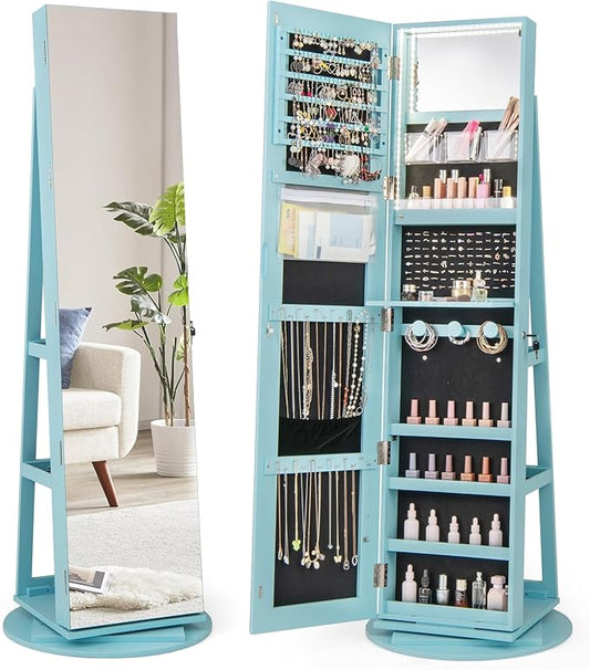 GOFLAME 360Â° Rotating Jewelry Cabinet with Full-Length Mirror, Freestanding Jewelry Armoire with 3-Color LED Light and Back Storage Shelf, Lockable Jewelry Organizer for Bedroom Cloakroom, Sky Blue