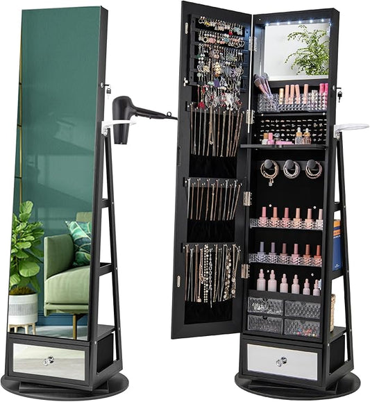CHARMAID 360Â° Swivel Jewelry Cabinet Armoire 64.5" H, Full Length Mirror with Jewelry Storage, 6 LEDs Lockable Jewelry Organizer, Rear Storage Shelves, Large Drawer, Hairdryer Holder (Black)