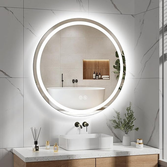 LED Bathroom Mirror 32 Inch Round Bathroom Mirror with Lights, Circle Wall Mirror with 3 Colors Brightness, Anti-Fog for Bathroom Vanity, Entryway Living Room