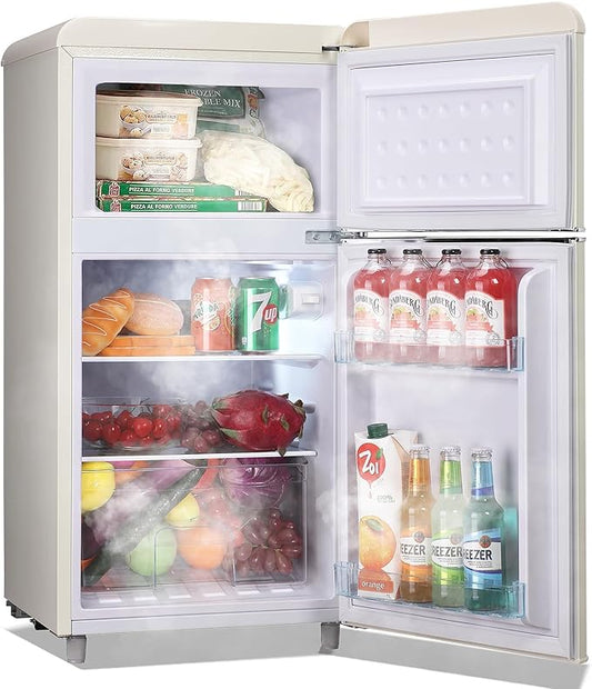 Small Refrigerator with Top Freezer 100Liter Retro Mini Fridge with Adjustable Glass Shelving, 7 Temperature Control and LED Lighting, Retro Off White