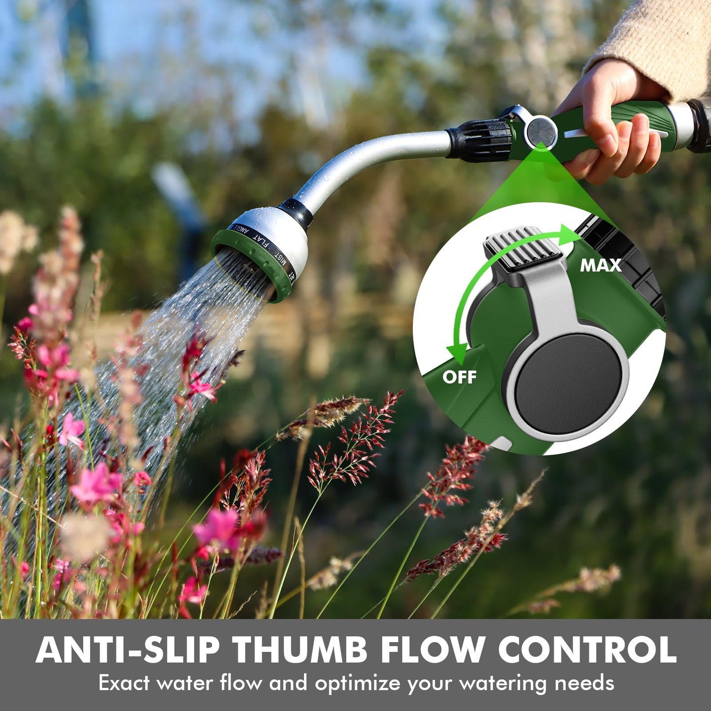 RESTMO Watering Wand Heavy Duty, Metal Garden Hose Wand with 10 Spray Patterns, 15-Inch Long Hose Nozzle Sprayer with Thumb Flow Control, Ideal to Water Hanging Baskets and Shrubs, Green