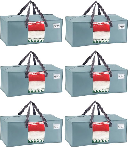 VENO 6 Pack Heavy Duty Moving Bags, Christmas Storage Bins with Lids, Transparent Window Design, Alternative to Moving Boxes, Storage Bags for Clothes, Blankets, Comforters (Light Blue Matte, 6 Pack)