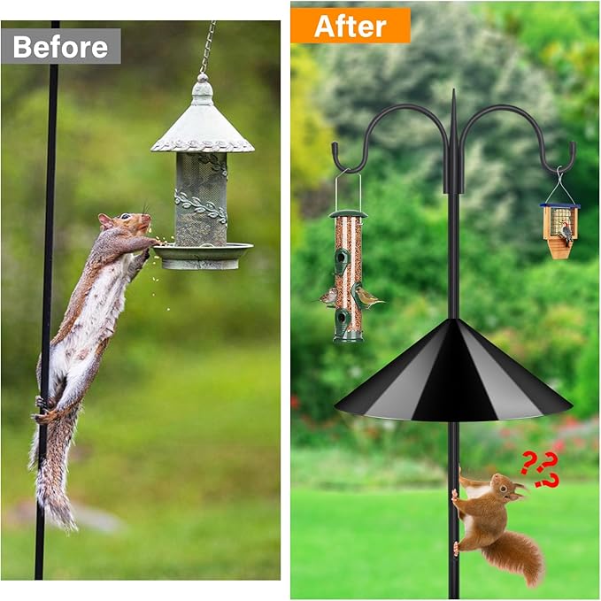 FEED GARDEN Heavy Duty Shepherds Hook Squirrel-Proof Bird Feeder Pole 92" Double Hooks 5-Prong Base & 19" Baffle for Outdoor Feeders & Plants