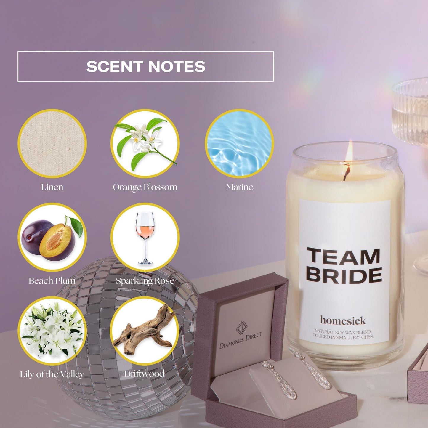 Homesick Scented Candles for Home (Team Bride) - 13.75 oz Long-Lasting Natural Soy Wax Blend Jar Candle Gifts for Women & Men, 60-80 Hours Burn Time - Notes of Linen, Beach Plum & Lily of The Valley