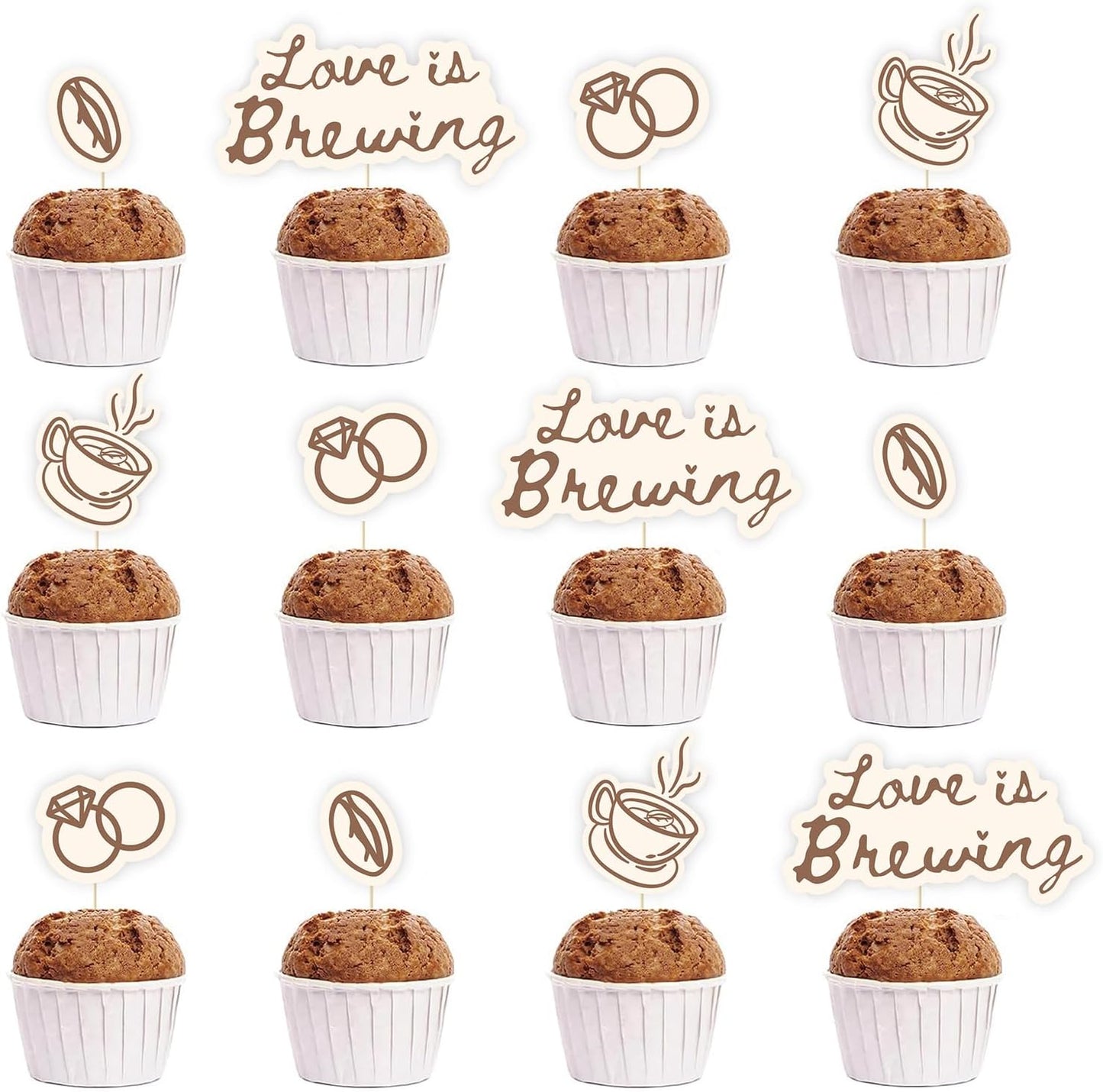 FYSUIMU Love is Brewing Cupcake Toppers Brown Coffee Cake Decorations Bridal Shower Cupcake Picks for Birthday Bachelorette Party Supplies, 24 Pcs