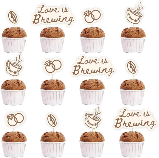 FYSUIMU Love is Brewing Cupcake Toppers Brown Coffee Cake Decorations Bridal Shower Cupcake Picks for Birthday Bachelorette Party Supplies, 24 Pcs