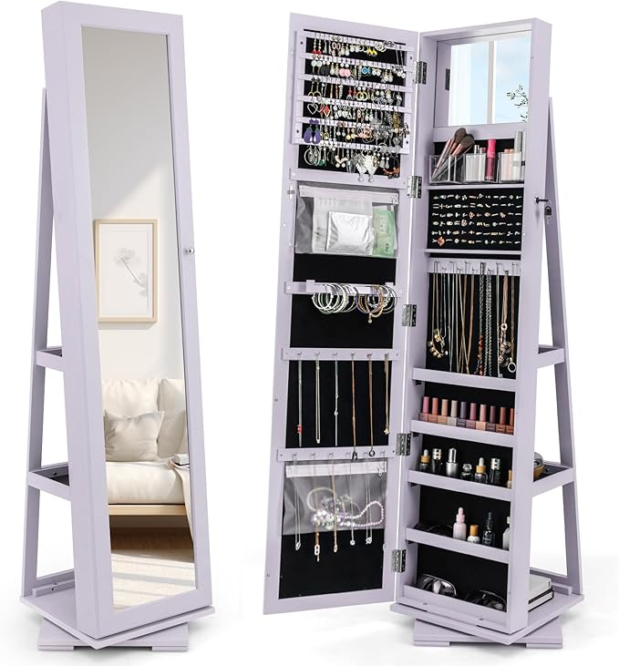 CHARMAID 360Â° Swivel Jewelry Armoire with Full Length Mirror, Standing Lockable Jewelry Cabinet Organizer, Large Storage Capacity, Inside Makeup Mirror, Back Storage Shelves (Lavender)