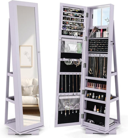 CHARMAID 360Â° Swivel Jewelry Armoire with Full Length Mirror, Standing Lockable Jewelry Cabinet Organizer, Large Storage Capacity, Inside Makeup Mirror, Back Storage Shelves (Lavender)