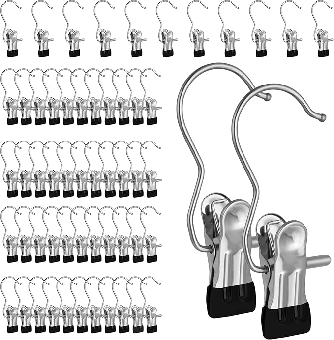 50PCS Space-Saving Clothespin, Portable 360Â° Rotating Stainless Steel Hanging Hook Clips Towel Clips,Laundry Hooks Hanging Clips with Clips for Home and Travel, Black