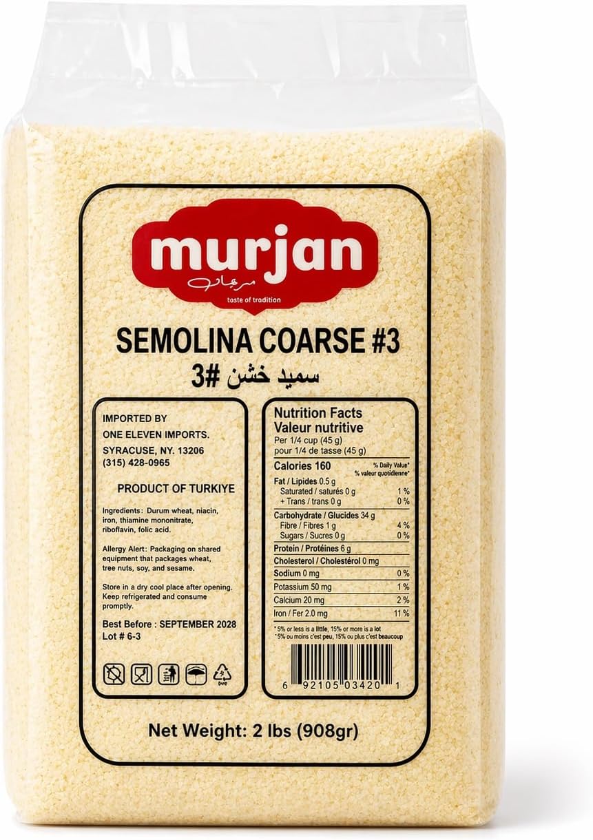 Murjan Coarse Semolina 2 lb (908 g) Premium Coarse Grind Durum Wheat Flour, Vacuum Sealed for Freshness, Perfect for Pasta, Couscous & Baking