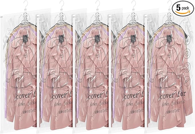 Hanging Vacuum Storage Bags 5 Pack Reusable Space Saver Bags for Clothes 43.3 x27.6 inch Vacuum Seal Storage Bag Dresses Space Bags for Suits, Coats or Jackets, Closet Organizer and Storage