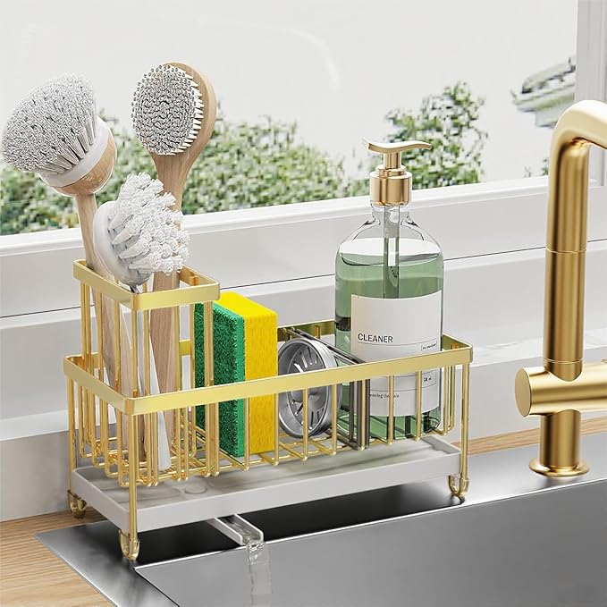 Cisily Sponge Holder for Kitchen Sink, Sink Caddy Organizer with High Brush Holder, Kitchen Countertop Organizers and Storage Essentials, Rustproof 304 Stainless Steel (Gold, 9.25â³)