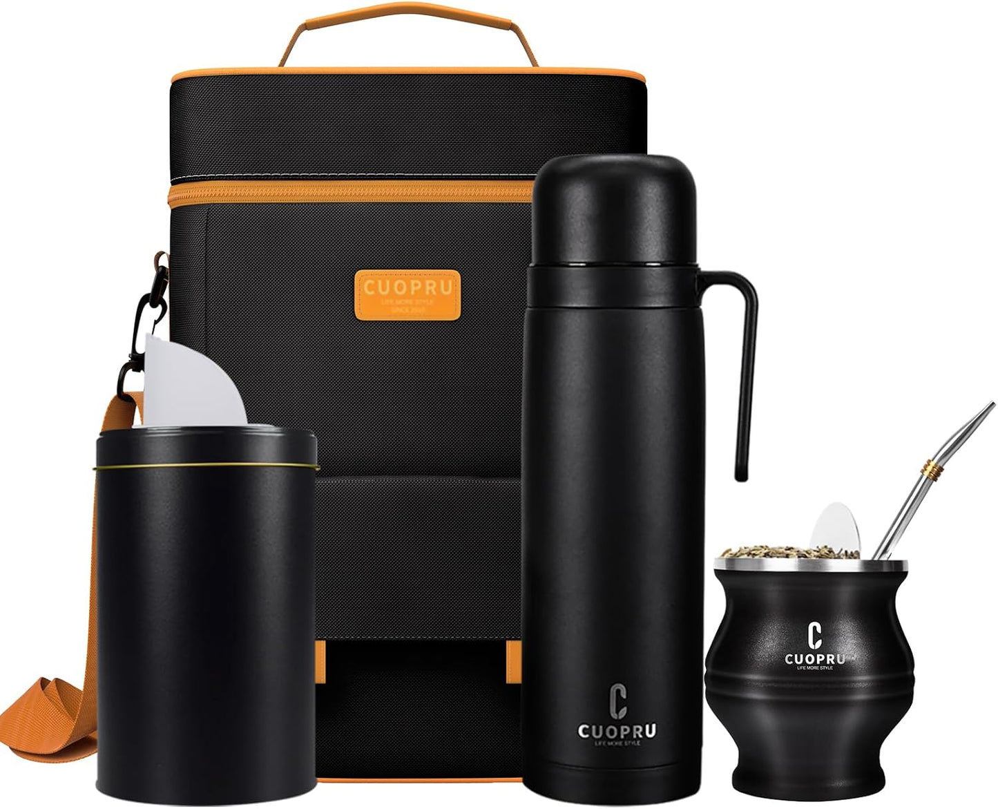 Complete Mate Kit- Modern Mate Gourd, Matero, Yerbero, Thermal Flask, Bombilla and Cleaning Brush Included - Premium Quality 304 18/8 Stainless Steel Yerba Cup Set
