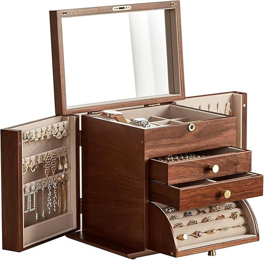 CHOSIN Black Walnut Wooden Jewelry Box, 4-Layer Lockable Organizer with Mirror, Rotatable Ring Holder,Side Doors & Brass Handle, Classical Design for Rings, Necklaces, Earrings, Valentine's Day Gifts