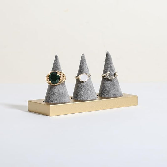 GemeShou grey jewelry ring display holder for selling, velvet ring cone display stand, cute cone shaped ring holder with golden coated base,Small jewelry ring storage organizerãRing holder-greyã