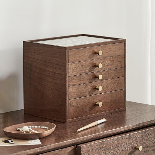 Black Walnut Wooden Jewelry Box Women large 5 Layer Drawer Wood Organizer Box with Glass Lid for Necklaces, Watch, Necklace, Ring, Earring Storage - Valentine's Day Gifts
