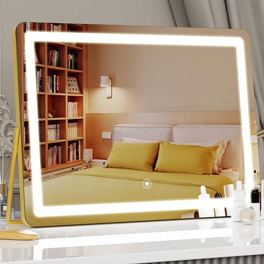 Ligheted Vanity Mirror with Lights, 14" x 12" LED Makeup Mirror, Hollywood Mirror,3 Modes Light, Smart Touch Control Dimmable, 360Â°Rotation, Rectangle Gold Frame