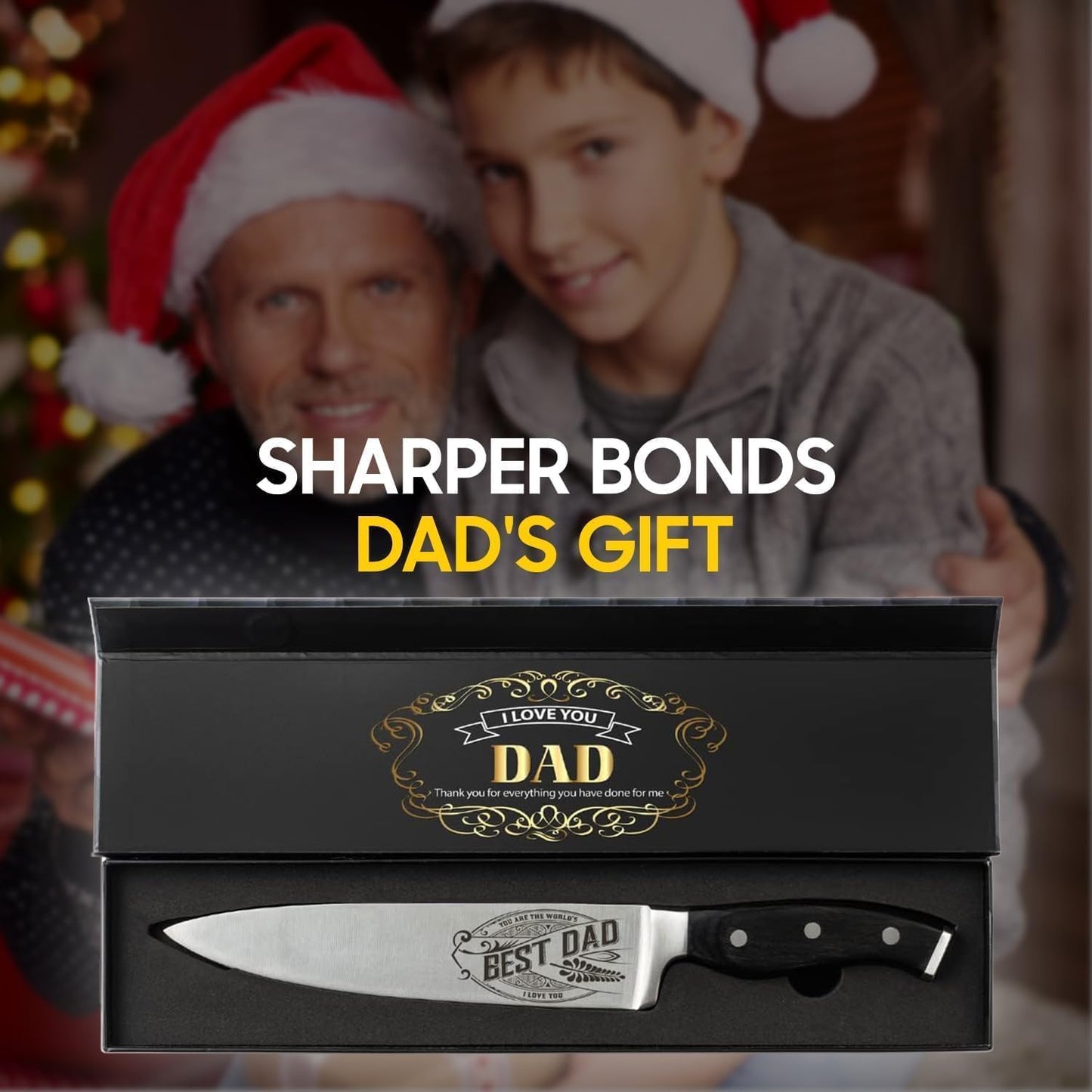 CUTLINX Birthday Gift BEST DAD - Premium Chef Knife Gift - 8 in. Stainless Carbon Steel Kitchen Knive w/Pakka Wood Handle - Father's Day, Christmas, Housewarming, Anniversary, Holiday Gifts
