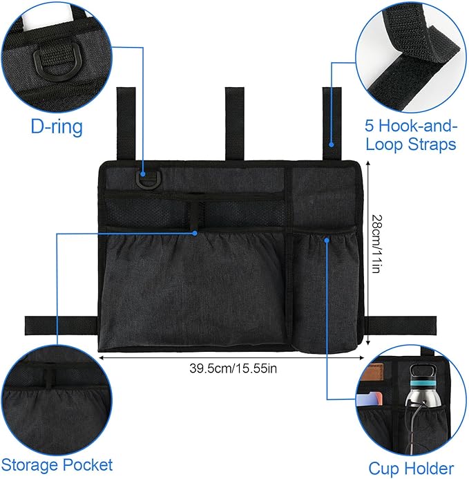 Walker Bag Basket with Cup Holder for Folding Walker Accessories for Seniors Elderly, Handicap, Foldable & Water Resistant Walker Storage Bags with Big Capacity - Black