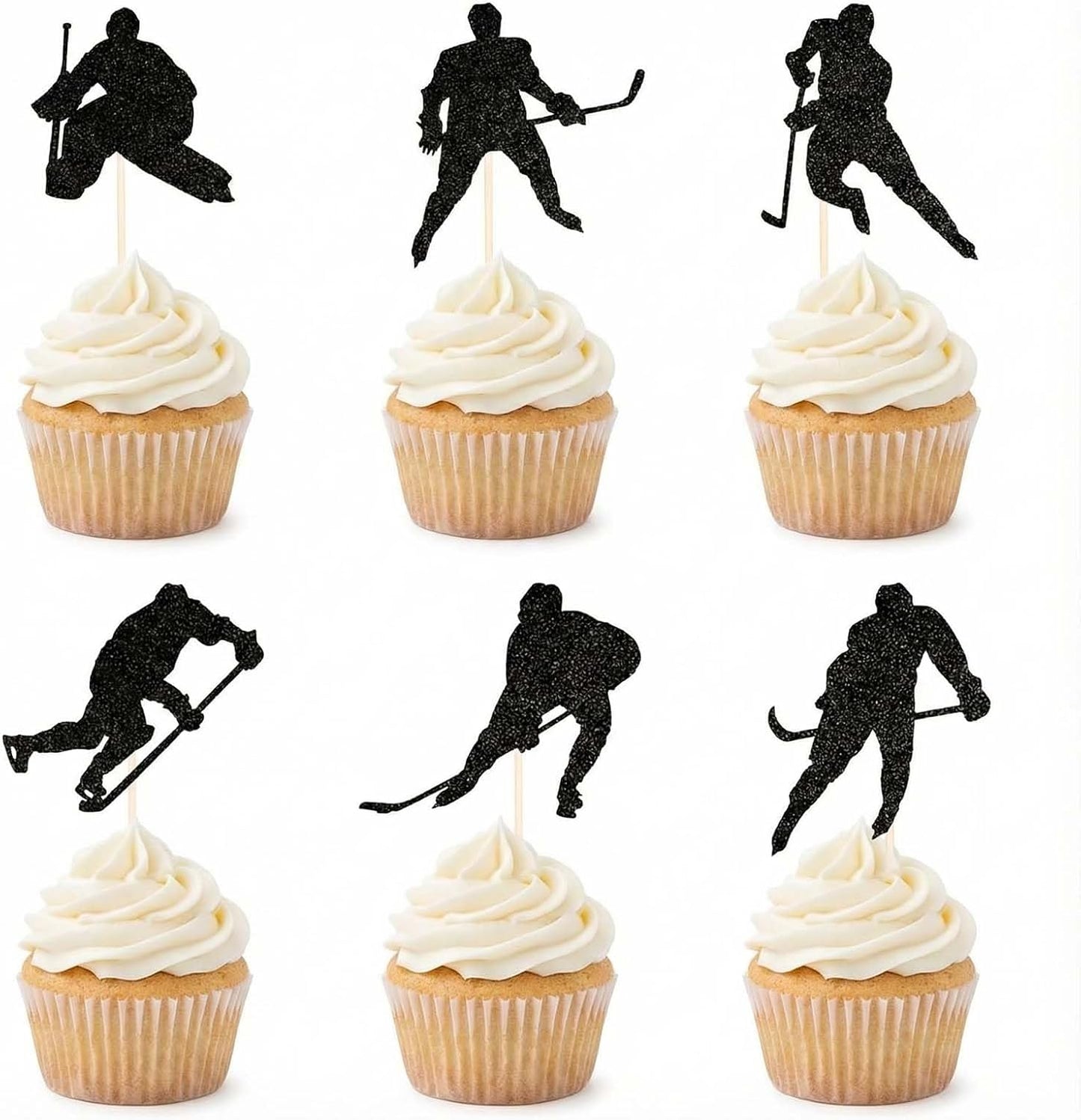 24 PCS Black Glitter Hockey Players Cupcake Toppers, Hockey Cake Toppers, Ice Hockey Cupcake Picks for Boys Birthday Party, Sports-Themed Cake Decorations