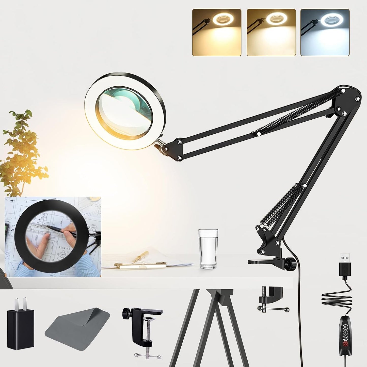 10X Magnifying Glass with Light, Adjustable Swing Arm 72 LEDs Real Glass Lens Magnifying Lamp, 3 Color Modes 10 Stepless Dimmable, Lighted Magnifier for Daily Reading Hobbies Crafts Workbench (Black)