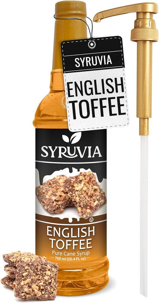 Syruvia Coffee Syrup, English Toffee Flavored Syrup for Drinks, Lattes, and Desserts – 25.4 fl oz, With Pump