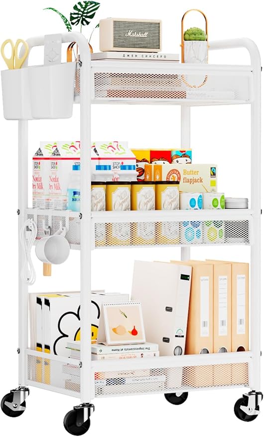 YASONIC 3 Tier Rolling Cart â Metal Utility Storage Carts with Wheels, Craft Carts Organizer with Hanging Cups, Hooks, Mesh Basket for Bedside Kitchen Office Art, White