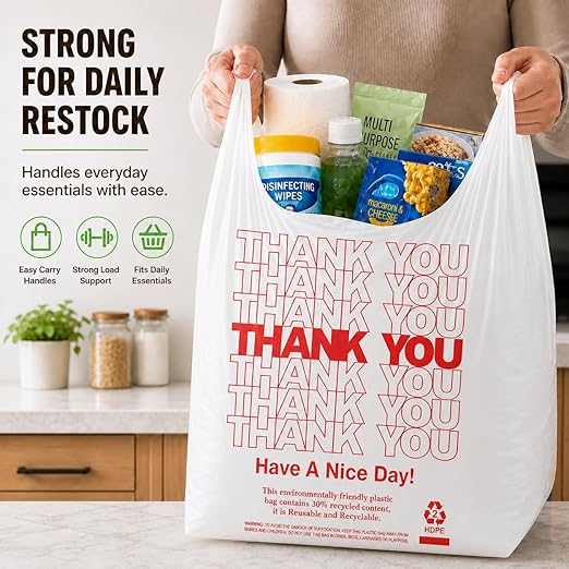 YoYoRain 1000 Pack White Thank You T-Shirt Bags with Handles, 11"x6"x21" Plastic Shopping Bags for Grocery, Retail & Takeout