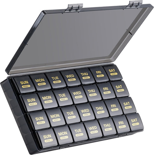 Monthly Pill Organizer, 28 Day Pill Box 1 Time a Day with Dust-Proof Case, Large 4 Weeks a Month Pill Case Container, Daily Vitamin Case Box for Pills/Medicine/Fish Oil/Supplements（Black）