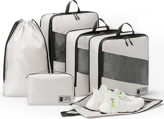 Compression Packing Cubes for Travel â 6-Piece Luggage Organizer Set with Double Zipper Compression, Shoe Bag, Laundry Pouch & Toiletry Bag â Lightweight Carry-On & Suitcase Organizers