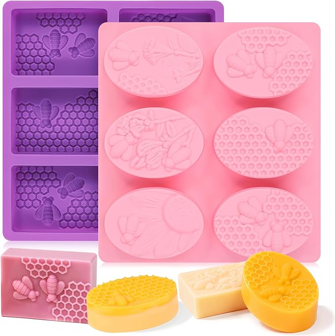SJ Soap Molds 2 Packs, Oval and Rectangle 3D Honeycomb Silicone Soap Molds for Soap Making, 6 Cavity Mold for Homemade Soaps, DIY Wax Melts, Beeswax, Cake, Chocolate Bakeware, Purple ＆ Pink