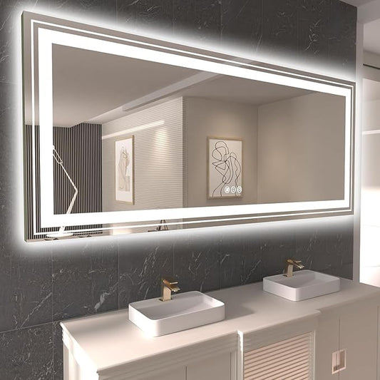 LED Bathroom Mirror, 84"X32" with Front and Backlit, Anti-Fog, Large Bathroom Vanity Mirror for Wall, Memory Function, Stepless Dimmable, Tempered Glass (Horizontal/Vertical)