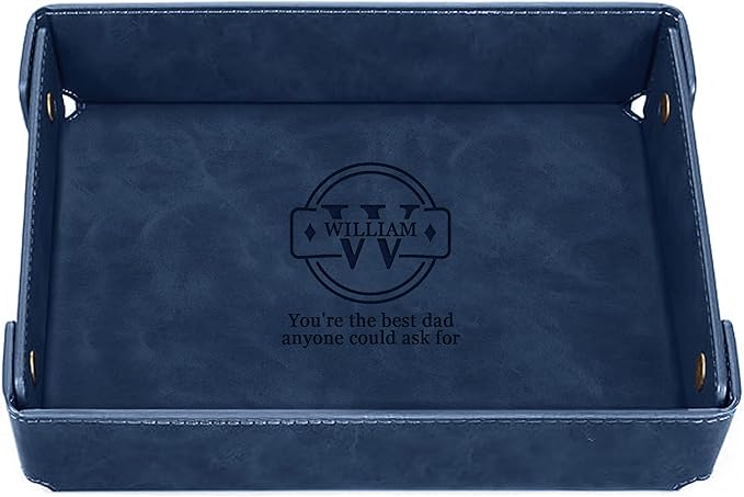 Engraved Fatherâs Day Leather Valet Tray â Personalized Leather Catch All with Custom Name â Menâs Valet Tray Organizer for Keys, Watches, and Jewelry â Unique Dad Gift from Daughter or Son - Blue