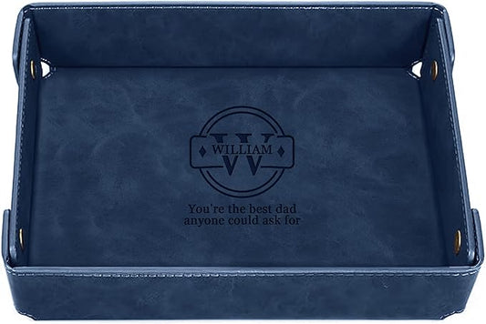 Engraved Fatherâs Day Leather Valet Tray â Personalized Leather Catch All with Custom Name â Menâs Valet Tray Organizer for Keys, Watches, and Jewelry â Unique Dad Gift from Daughter or Son - Blue