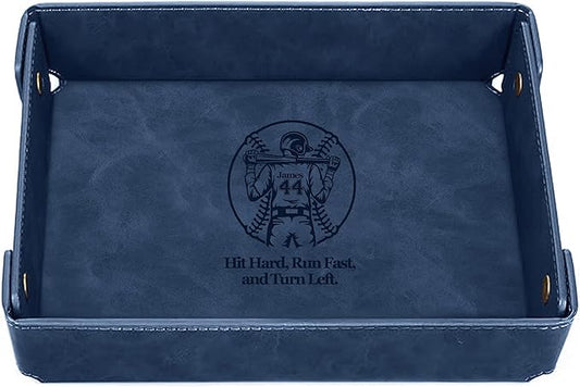 Engraved Baseball Valet TrayâPersonalized Leather Catchall with Custom NameâMenâs Nightstand Organizer for Keys, Wallet, Jewelry, and Essentials â Unique Baseball Fan Gift for Home or Office - Blue