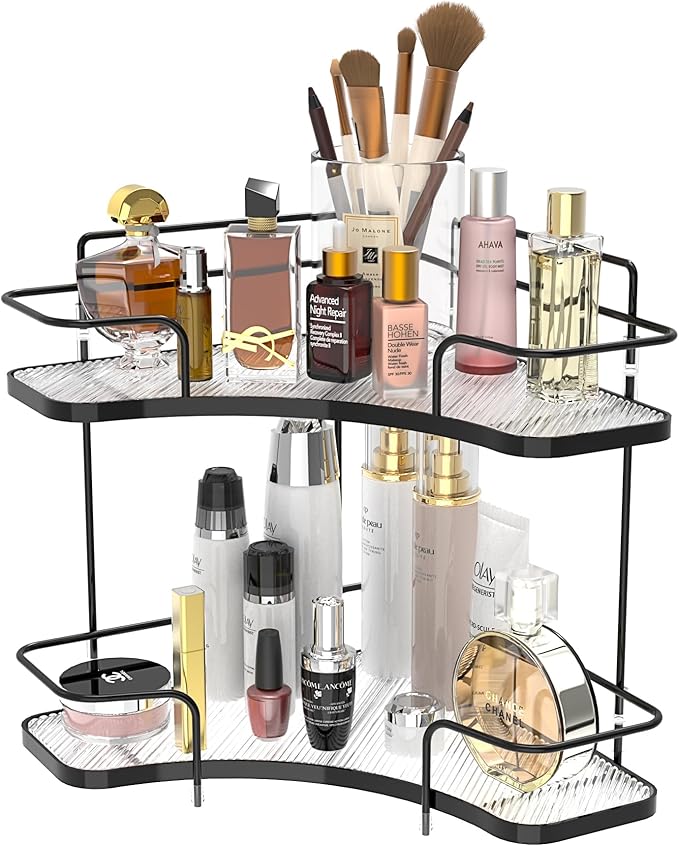 FOLLOWIN 2 Tier Bathroom Countertop Corner Organizer,Countertop Perfume Tray,Vanity Counter Shelf,Skincare Makeup Cosmetic Vanity Organizers,Elegant Black